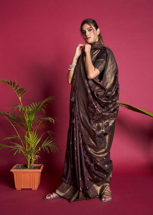 Brown Banarasi Silk Saree With Zari Weaving Work