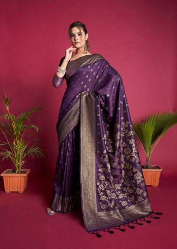 Purple color banarasi silk saree with zari weaving work