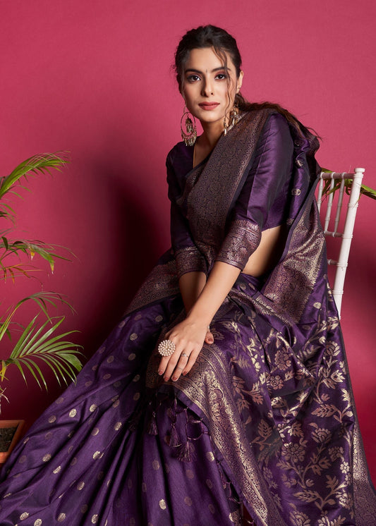 Purple color banarasi silk saree with zari weaving work