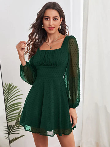 Clothzy Women's Green Color Square Neck Long Sleeve Georgette Dress