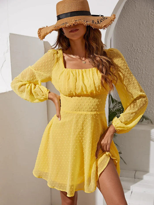 Clothzy Women's Yellow Color Square Neck Long Sleeve Georgette Dress