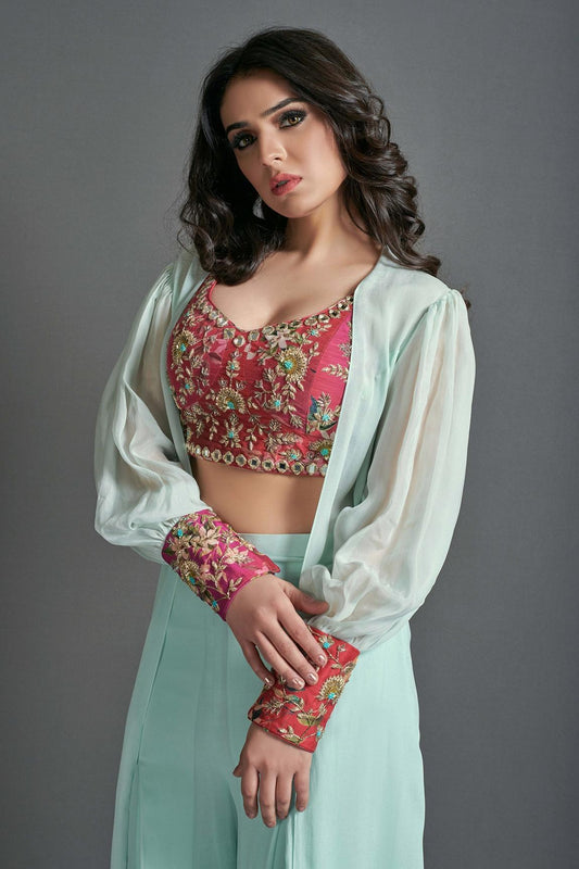 Crop Top With Palazzo And Shrug Set For Wedding