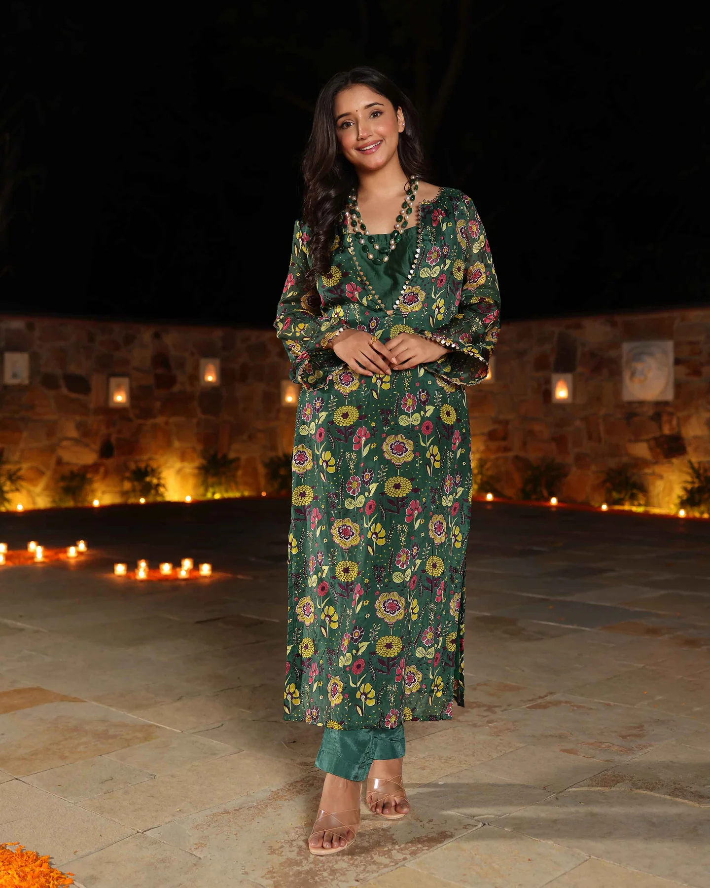 Mahsa Green Printed Silk Kurta Set