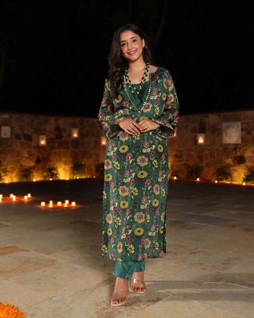 Mahsa Green Printed Silk Kurta Set