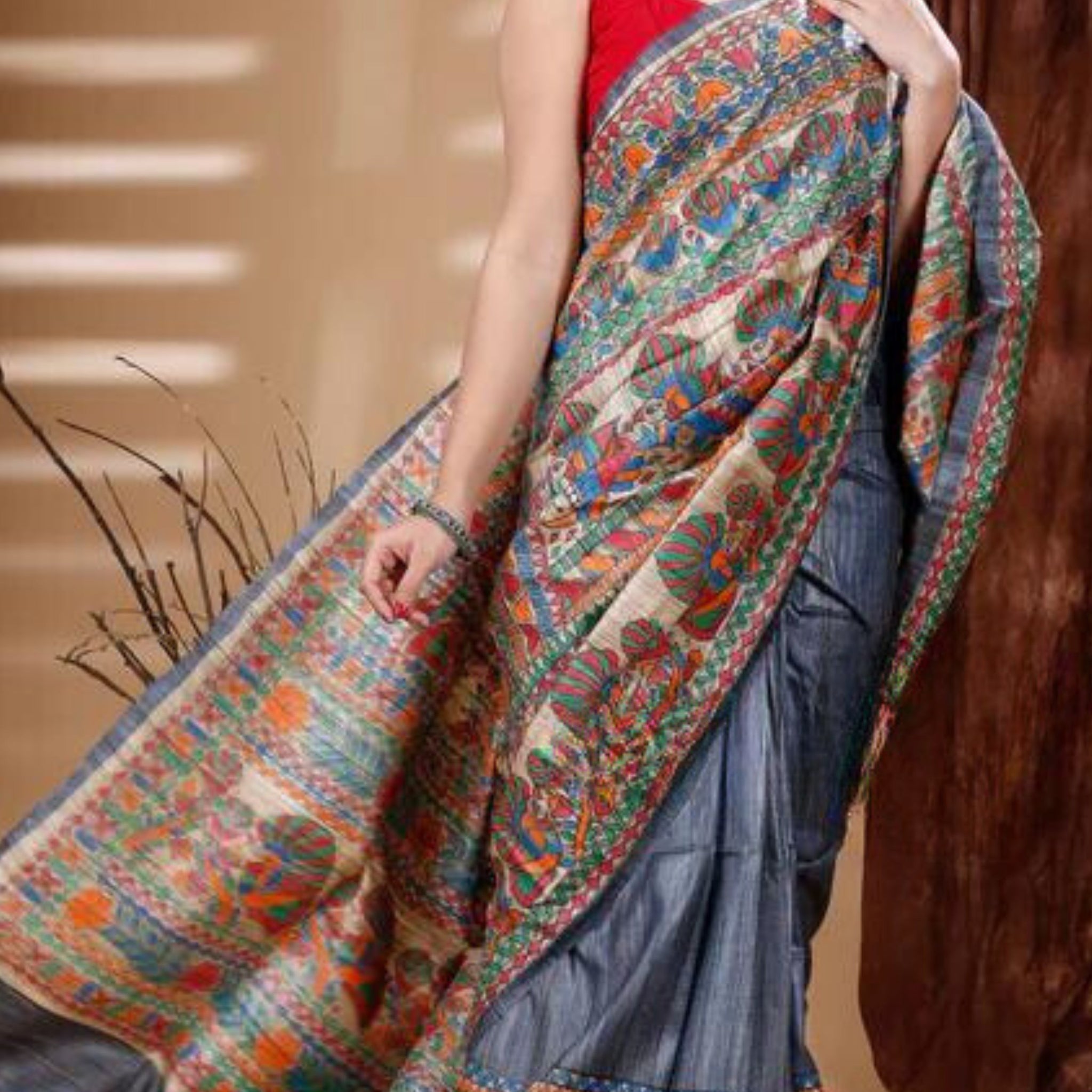 Pure Ghicha Tussar Silk Handcrafted Madhubani Saree