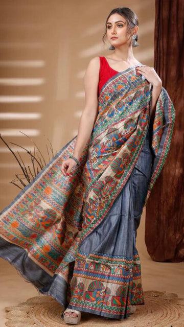 Pure Ghicha Tussar Silk Handcrafted Madhubani Saree