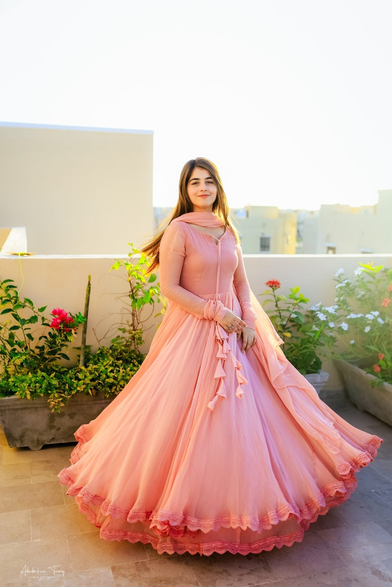 Solid Peach Long Flared Double Layered Anarkali With Dupatta