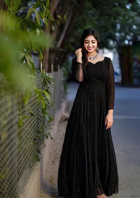 Pure Georgette Black Colour all over pearl work long dress gown