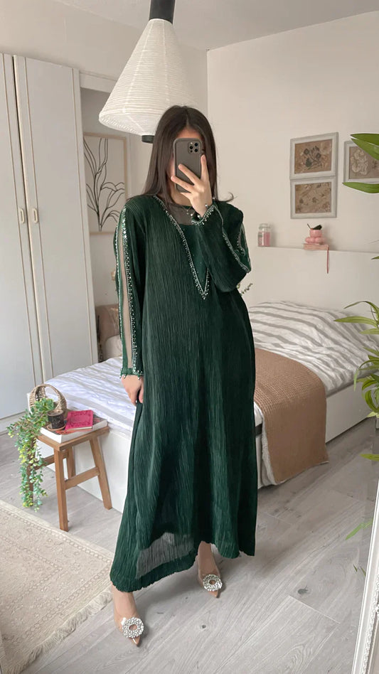 green crushed loose style dress with stone neck work