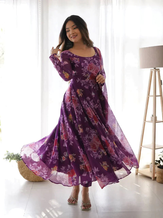 Wine Flower Pure Soft Organza Print Fabric Fully Flair Anarkali,With Duppta Set