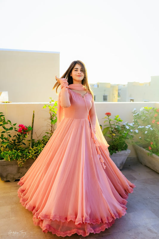 Solid Peach Long Flared Double Layered Anarkali With Dupatta