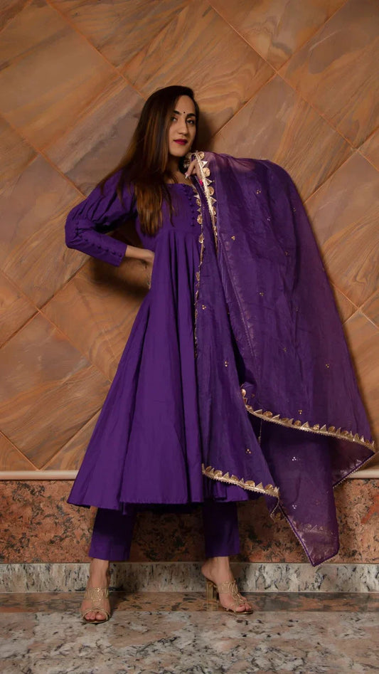 Purple Pure Cotton Anarkali Set