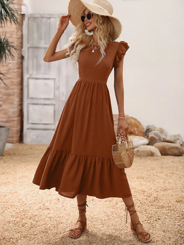 Butterfly Sleeve Ruffle Hem Brown Colour Dress