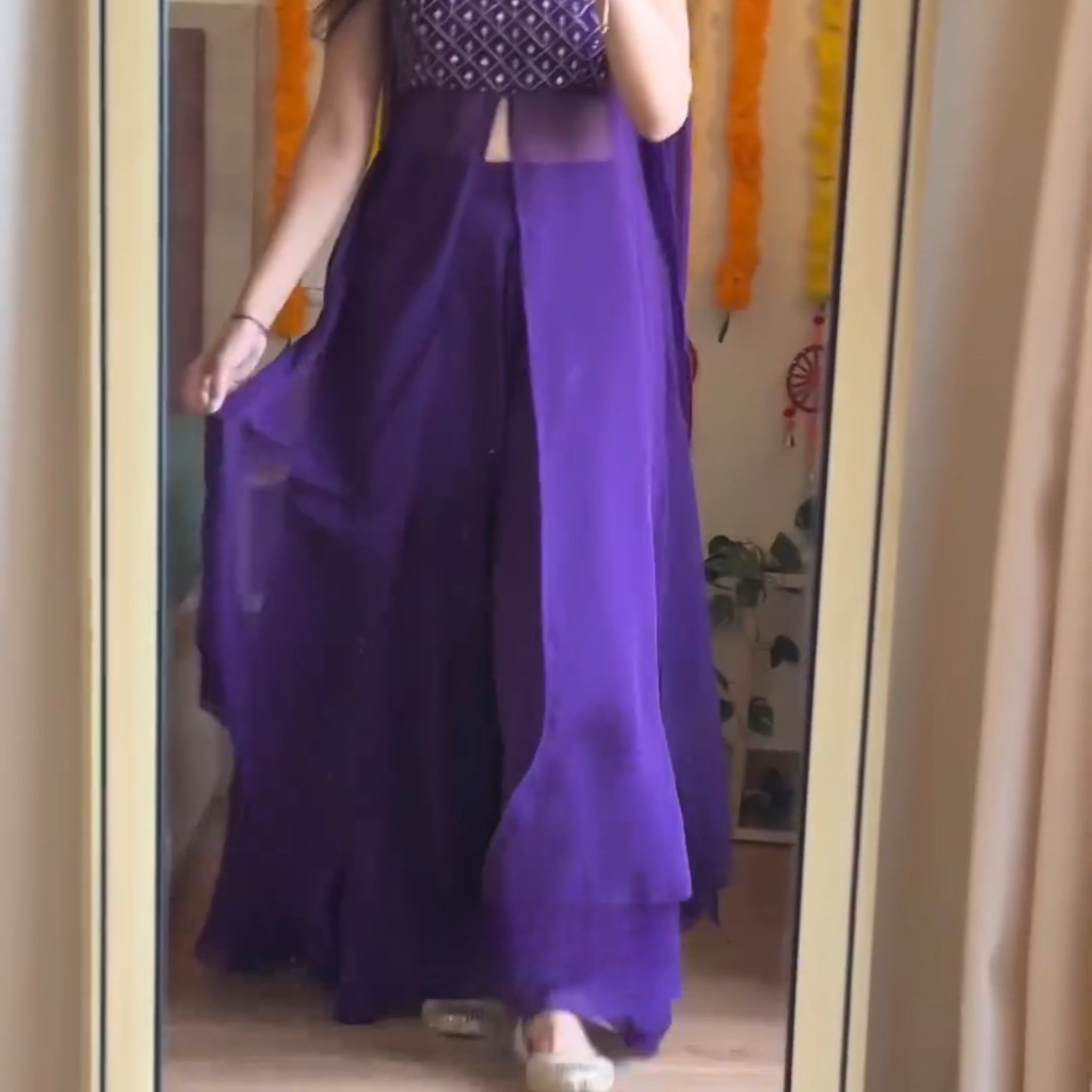 purple georgette anarkali suit with plazo with sequence work