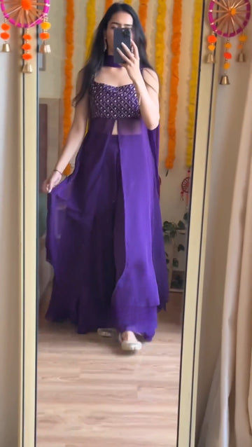 purple georgette anarkali suit with plazo with sequence work