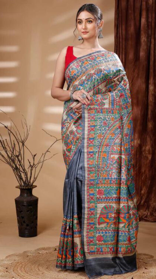 Pure Ghicha Tussar Silk Handcrafted Madhubani Saree