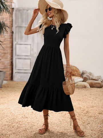 Butterfly Sleeve Ruffle Hem Black Colour Dress