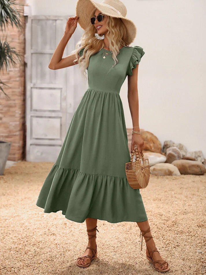 Butterfly Sleeve Ruffle Hem Army Green Colour Dress