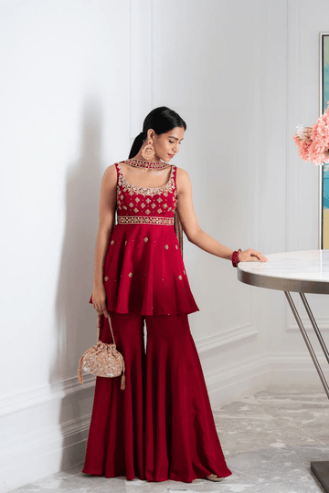 Maroon Shantoon Embellished Kurta And Sharara Set