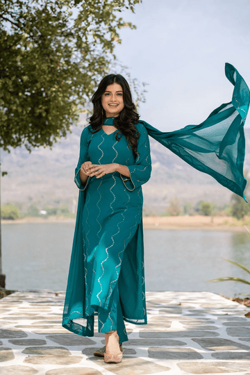 Teal Sequin Kurta With Pant And Dupatta (Set of 3)