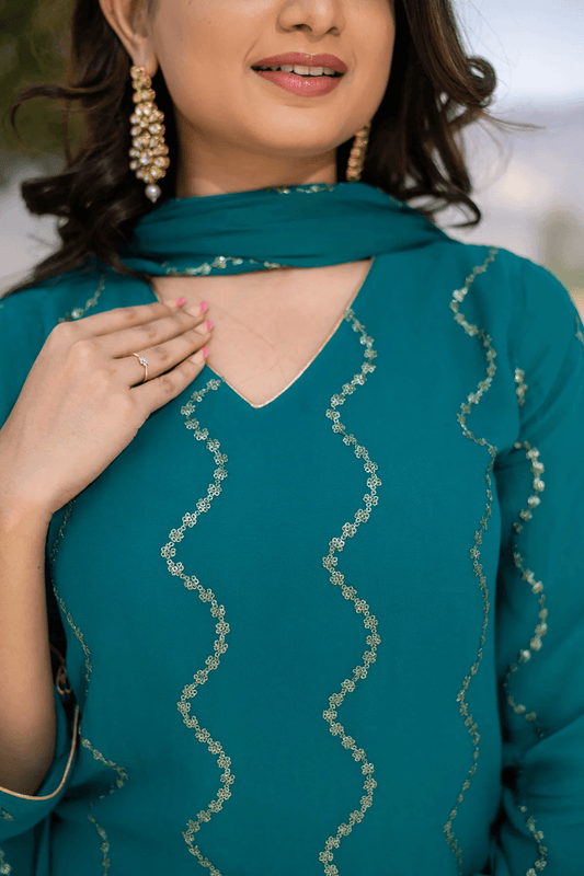 Teal Sequin Kurta With Pant And Dupatta (Set of 3)