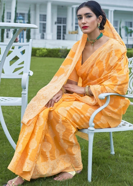 Fire Bush Yellow Chikankari Woven Saree