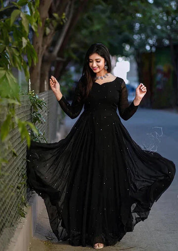 Pure Georgette Black Colour all over pearl work long dress gown