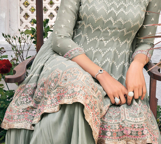 Sage Gray Designer Embroidered Party Wear Sharara Suit