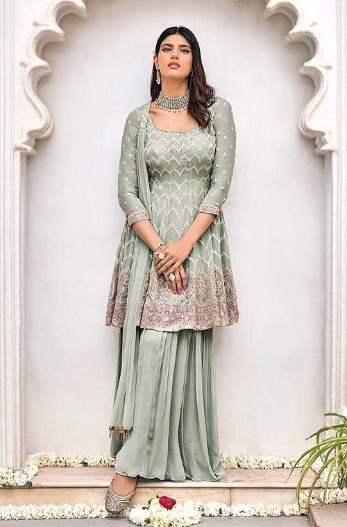 Sage Gray Designer Embroidered Party Wear Sharara Suit