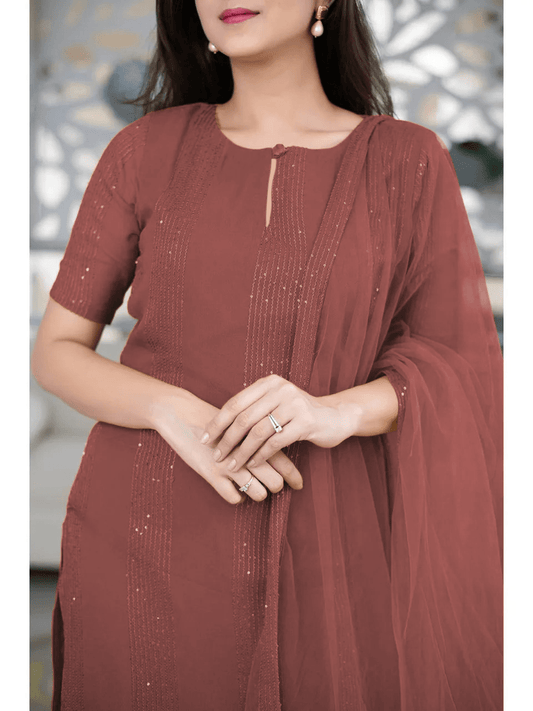 Rust Kurta With Ruffle Dupatta Set