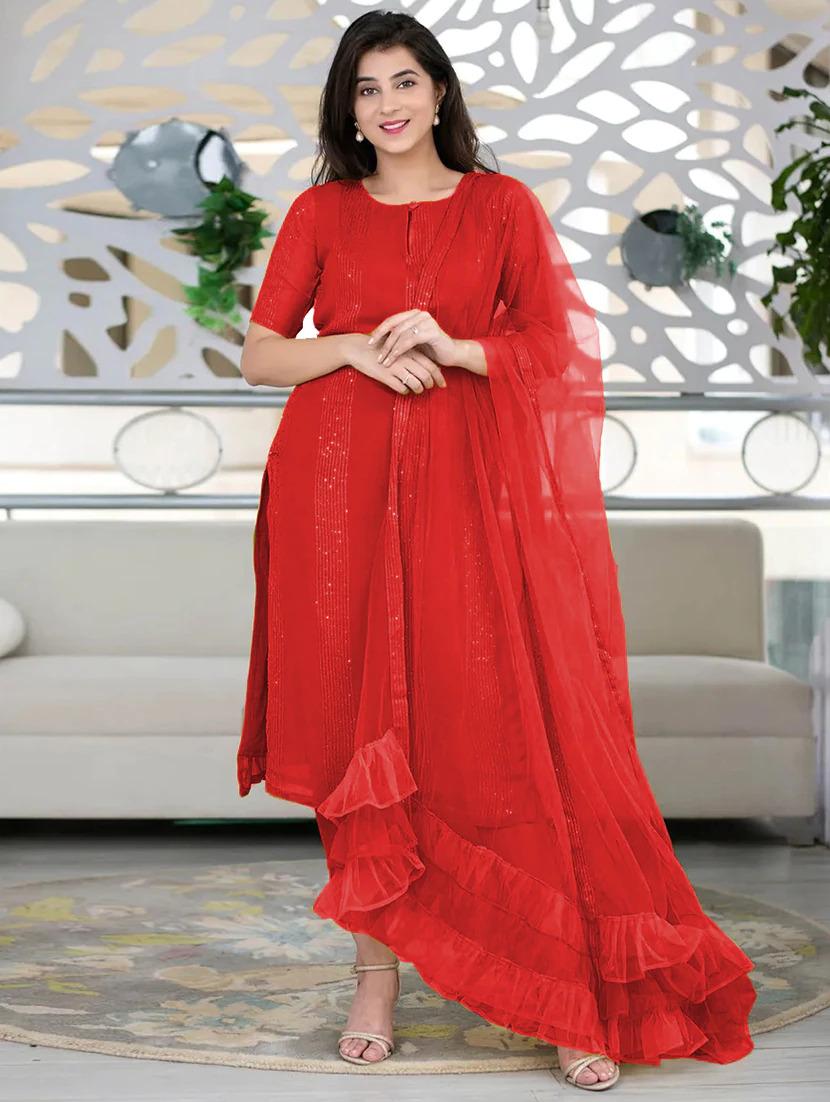 Red Kurta With Ruffle Dupatta Set