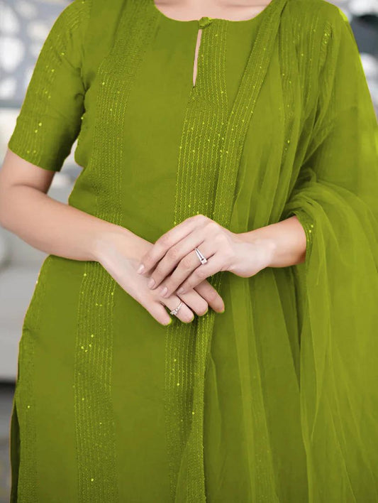 Green Kurta With Ruffle DupattaSet