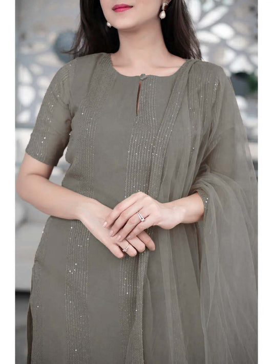 Grey Kurta With Ruffle Dupatta Set