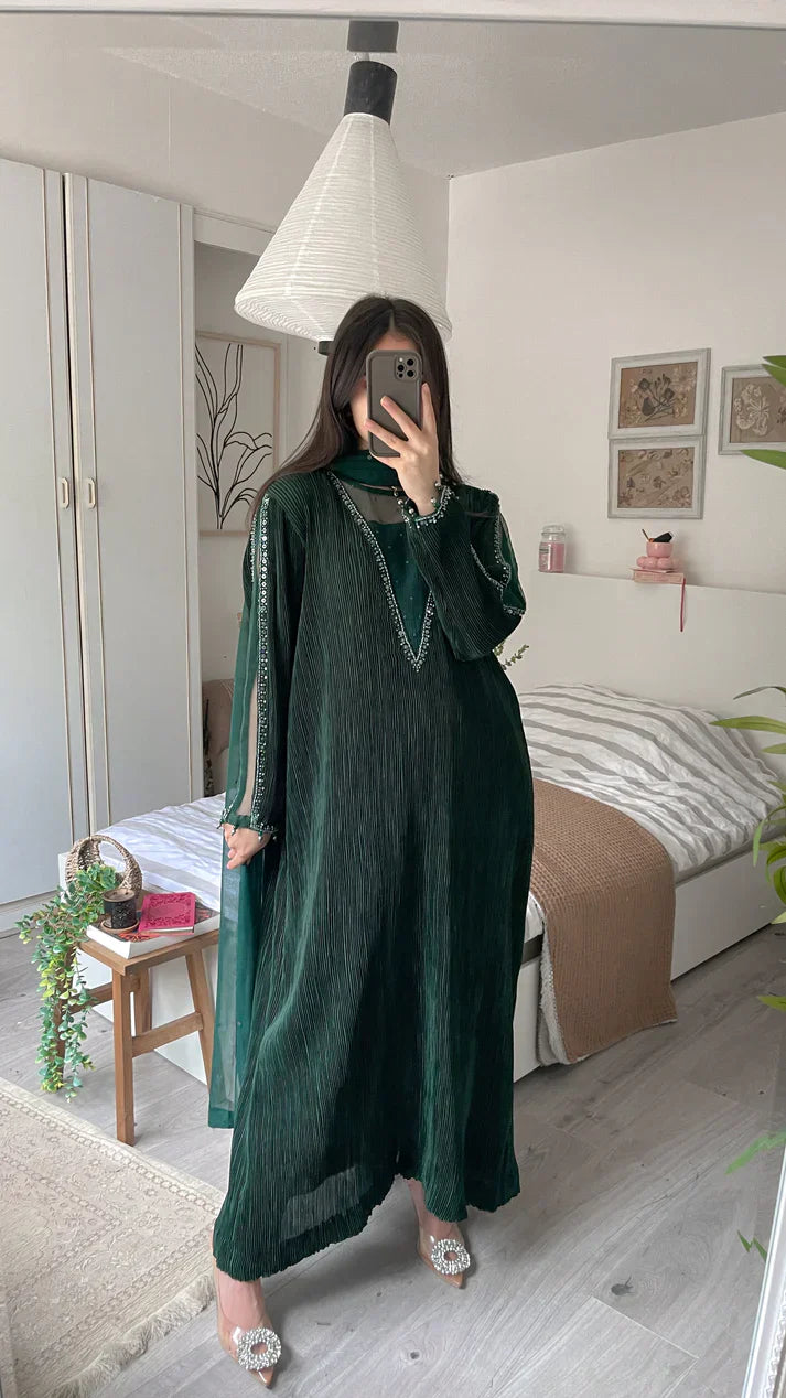 green crushed loose style dress with stone neck work