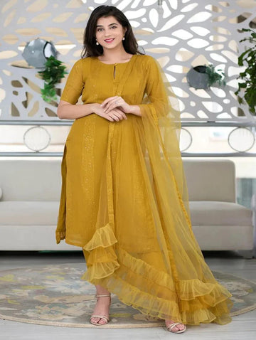 Yellow Cotton Straight Kurta With Ruffle Dupatta Sets