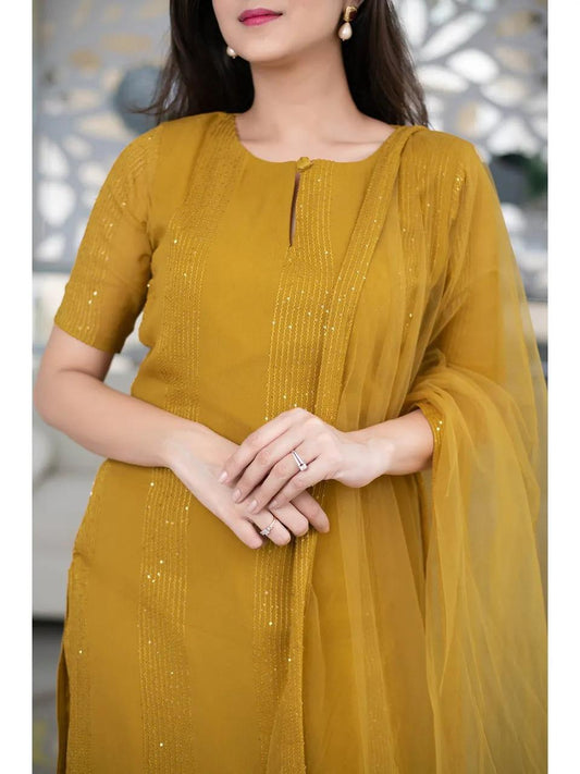 Yellow Cotton Straight Kurta With Ruffle Dupatta Sets