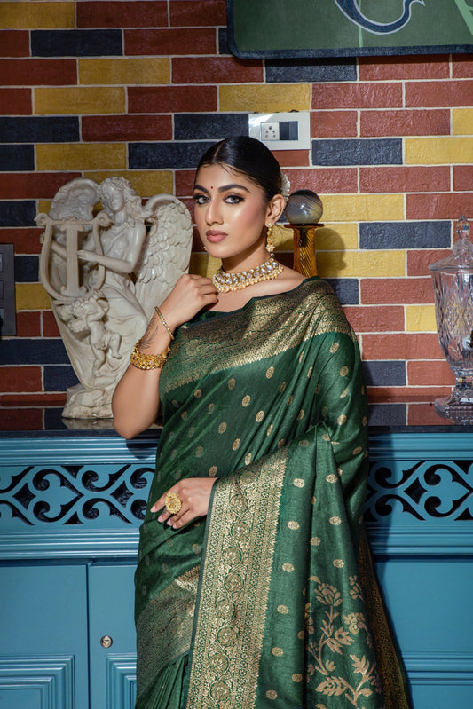 Dark Green color banarasi silk saree with zari weaving work