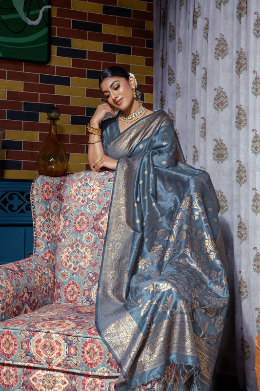 Grey color banarasi silk saree with zari weaving work