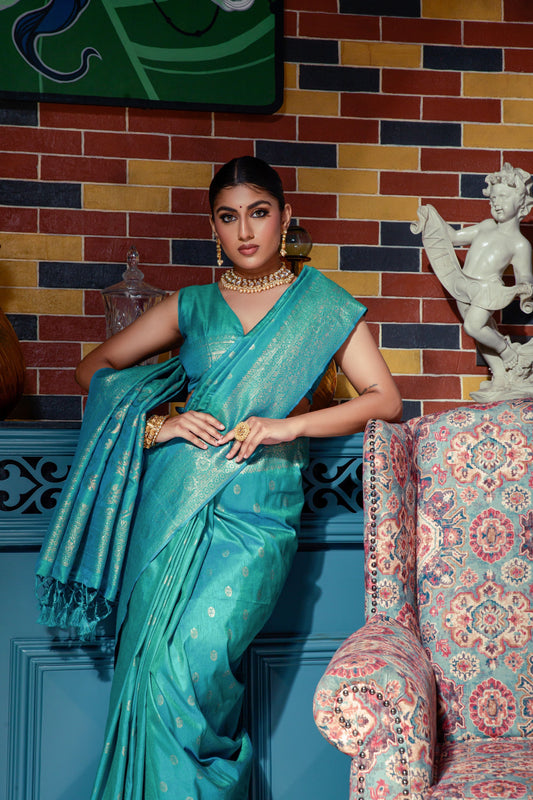 Aqua Blue color banarasi silk saree with zari weaving work