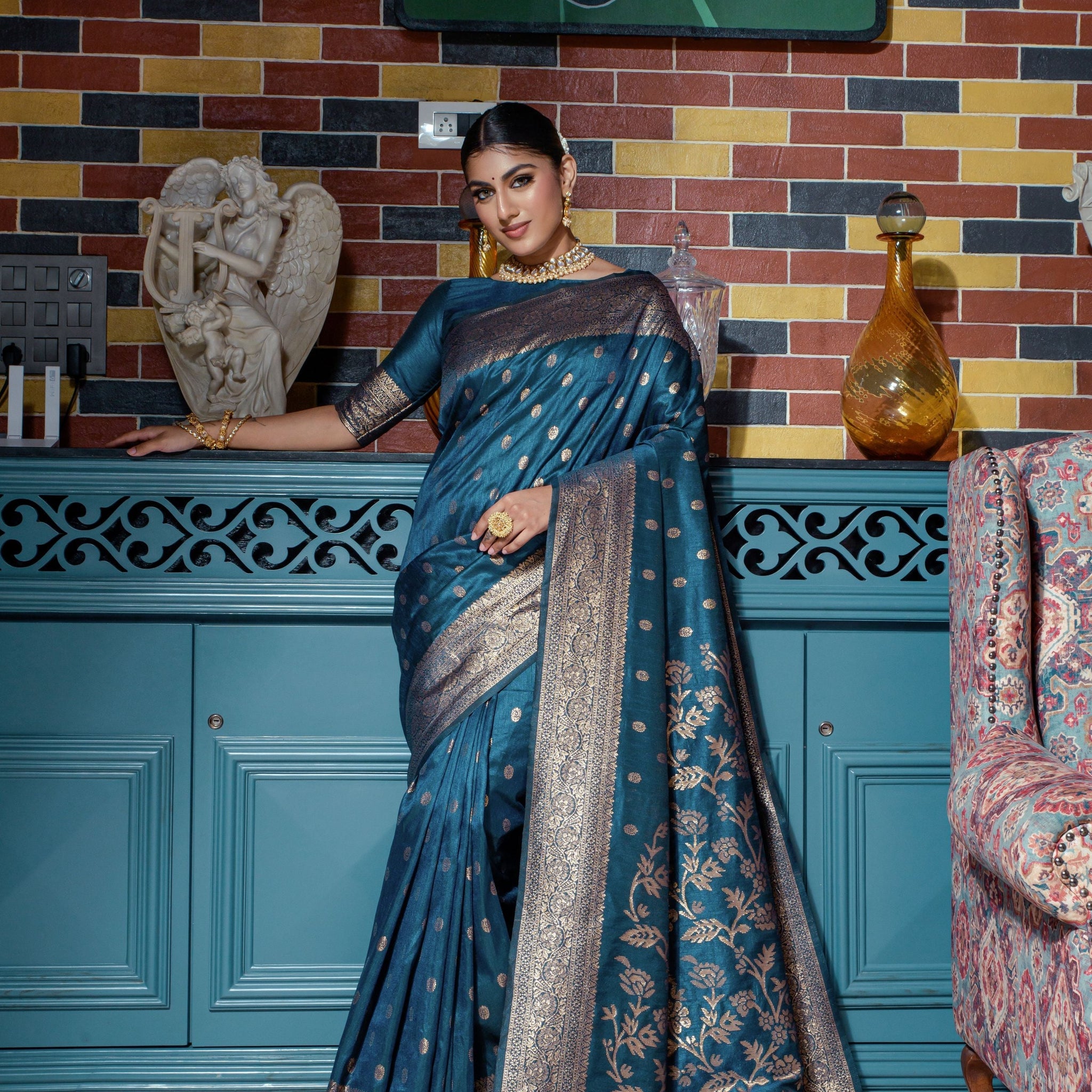 Rama Blue color banarasi silk saree with zari weaving work