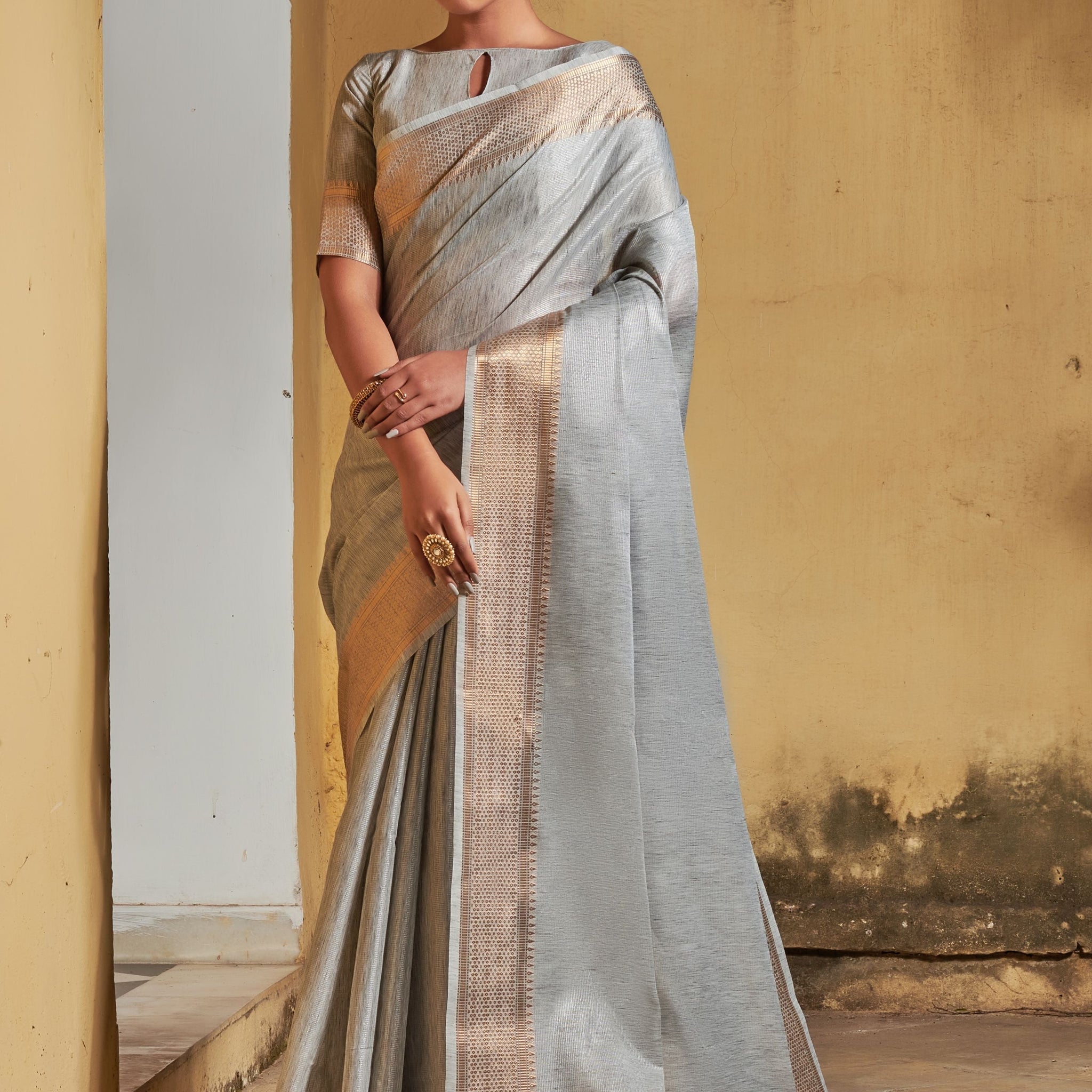 Flint Grey Assam Silk Saree