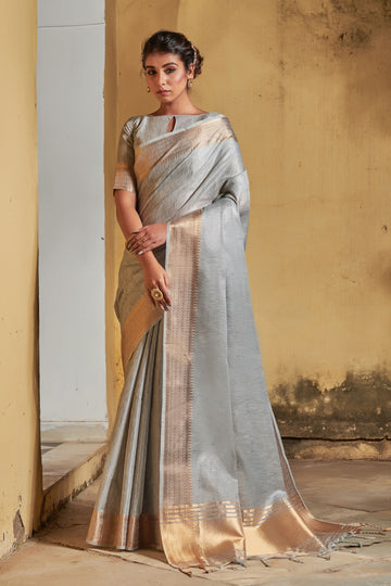 Flint Grey Assam Silk Saree