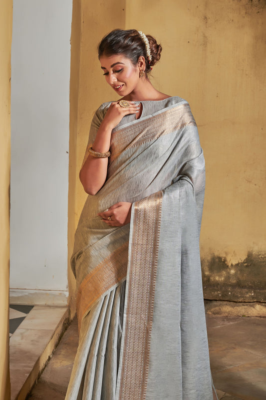 Flint Grey Assam Silk Saree