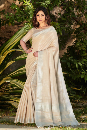 Cream Jacquard Woven Tissue Linen Saree