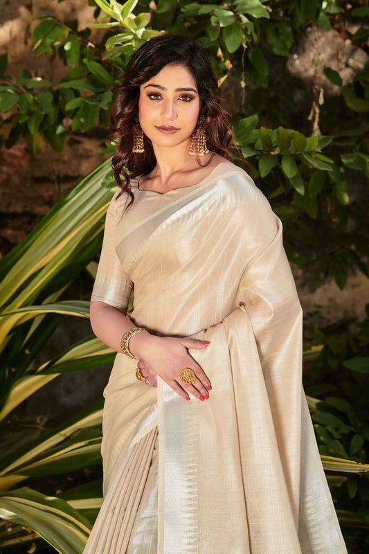 Cream Jacquard Woven Tissue Linen Saree