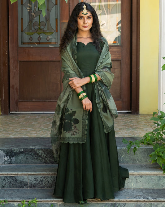 Bottle Green Upada Dress With Dupatta - Set Of Two