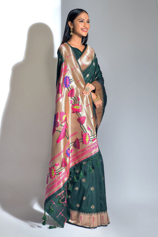 Green Banarasi Soft Silk Paithani With Zari Border Saree