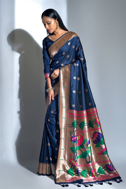 Blue Banarasi Soft Silk Paithani With Zari Border Saree