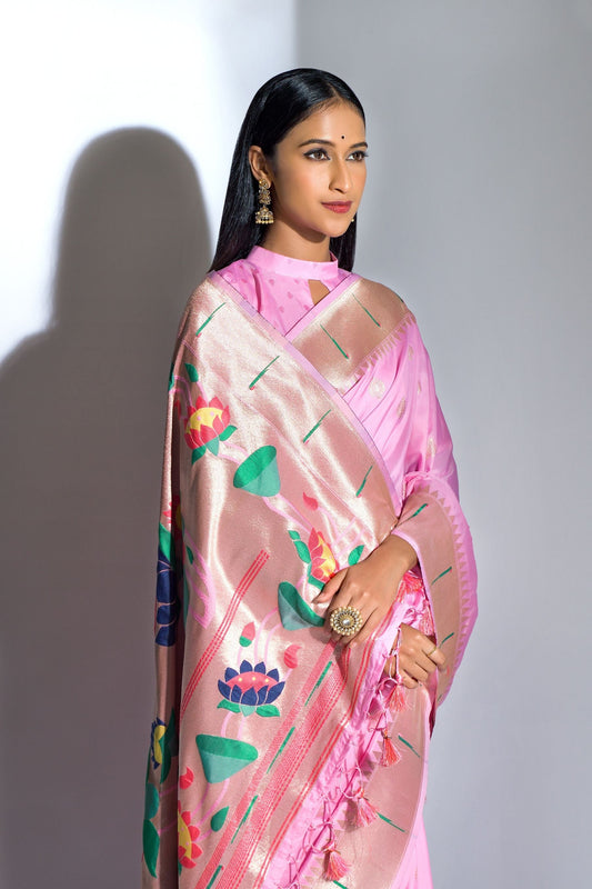 Baby Pink Banarasi Soft Silk Paithani With Zari Border Saree