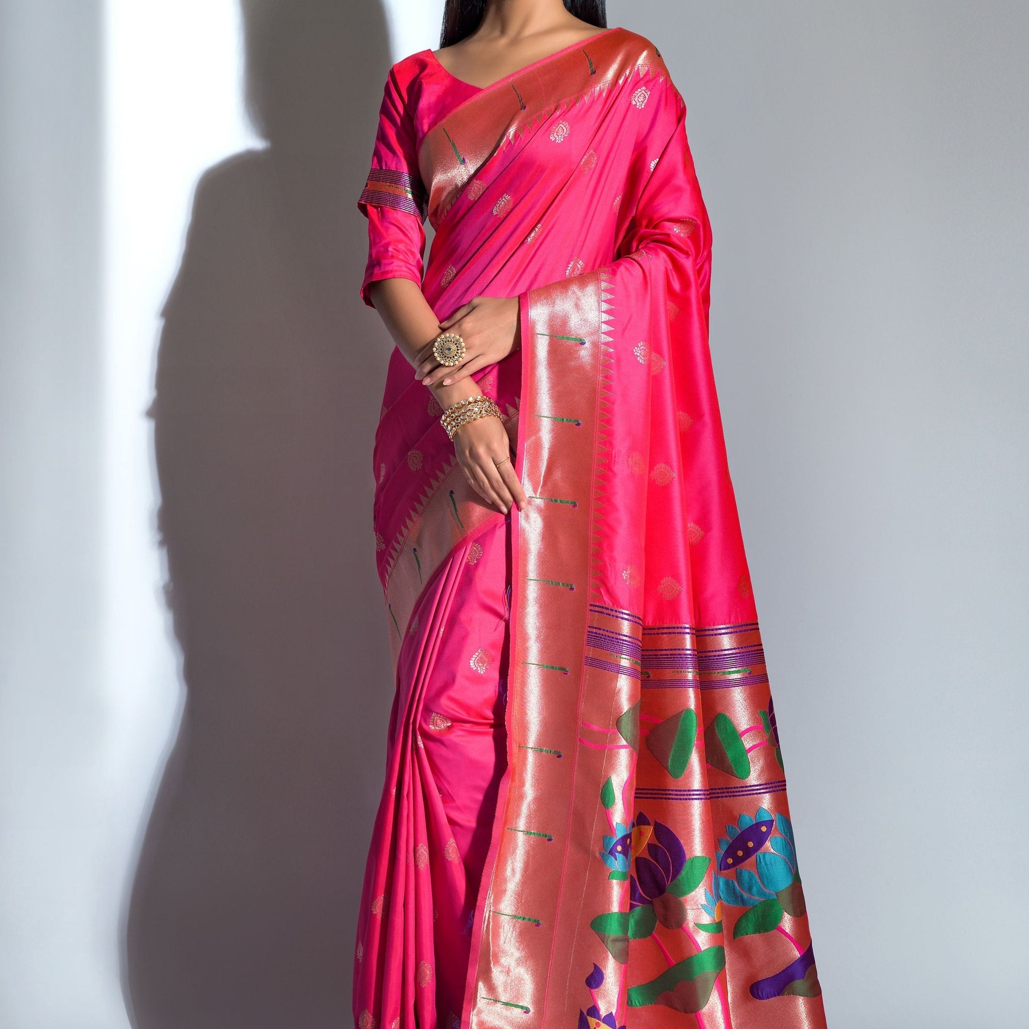 Dark Pink Banarasi Soft Silk Paithani With Zari Border Saree